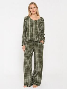 FLAX olive green check print pop over tunic top and pant set Size Small